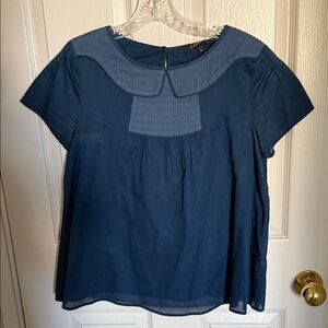 Cotelac Sheer Navy Blouse with Textured Yoke, Size Small